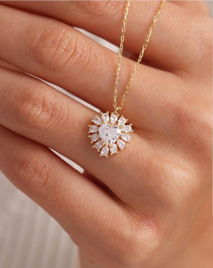 Gold plated Heart Necklace | Sterling Silver Baguette Zircon Pendant Jewelry
