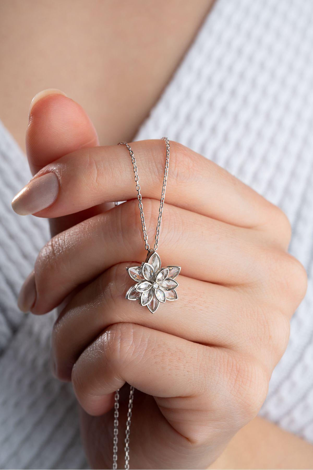 White Lotus Flower Necklace | 925 Sterling Silver Necklace | Zircon Pendant Gift for Her