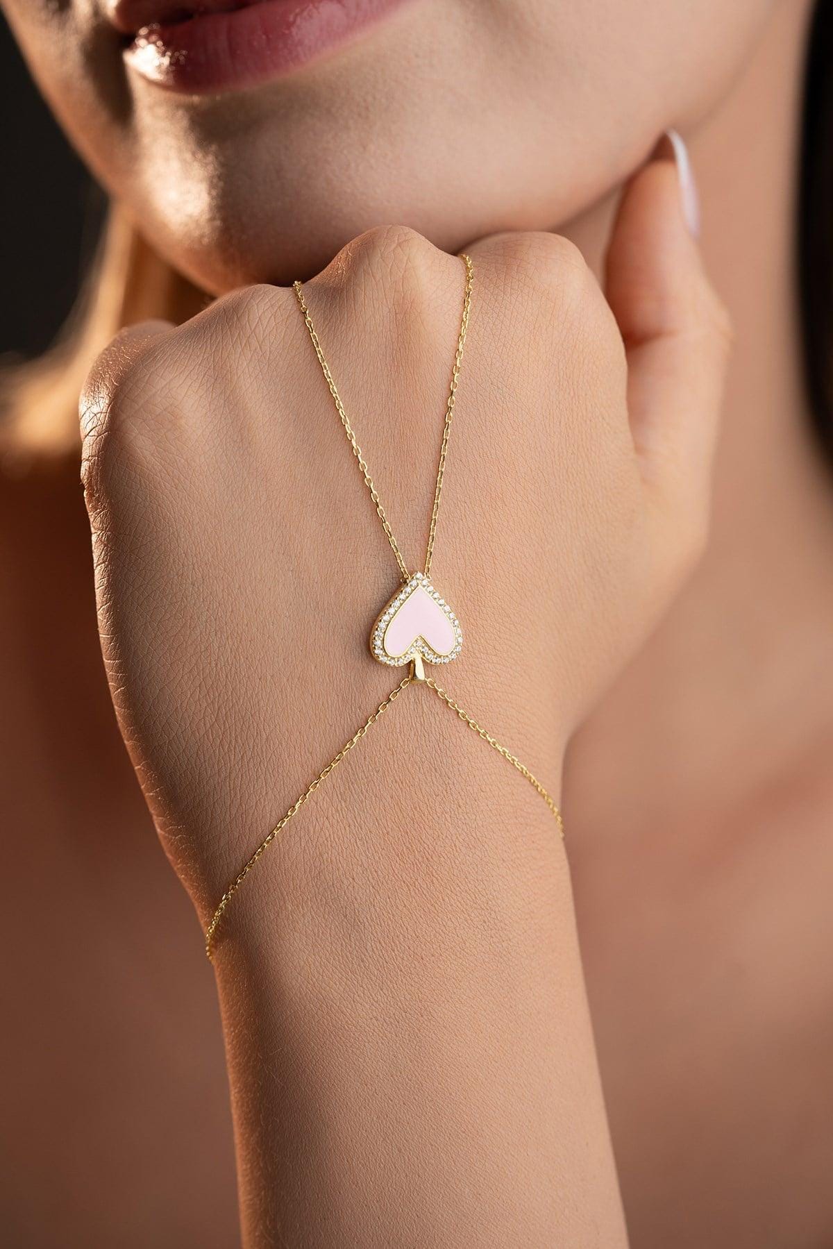 Gold Plated Pink Heart Shahmaran Bracelet | Sterling Silver Zircon Hand Chain