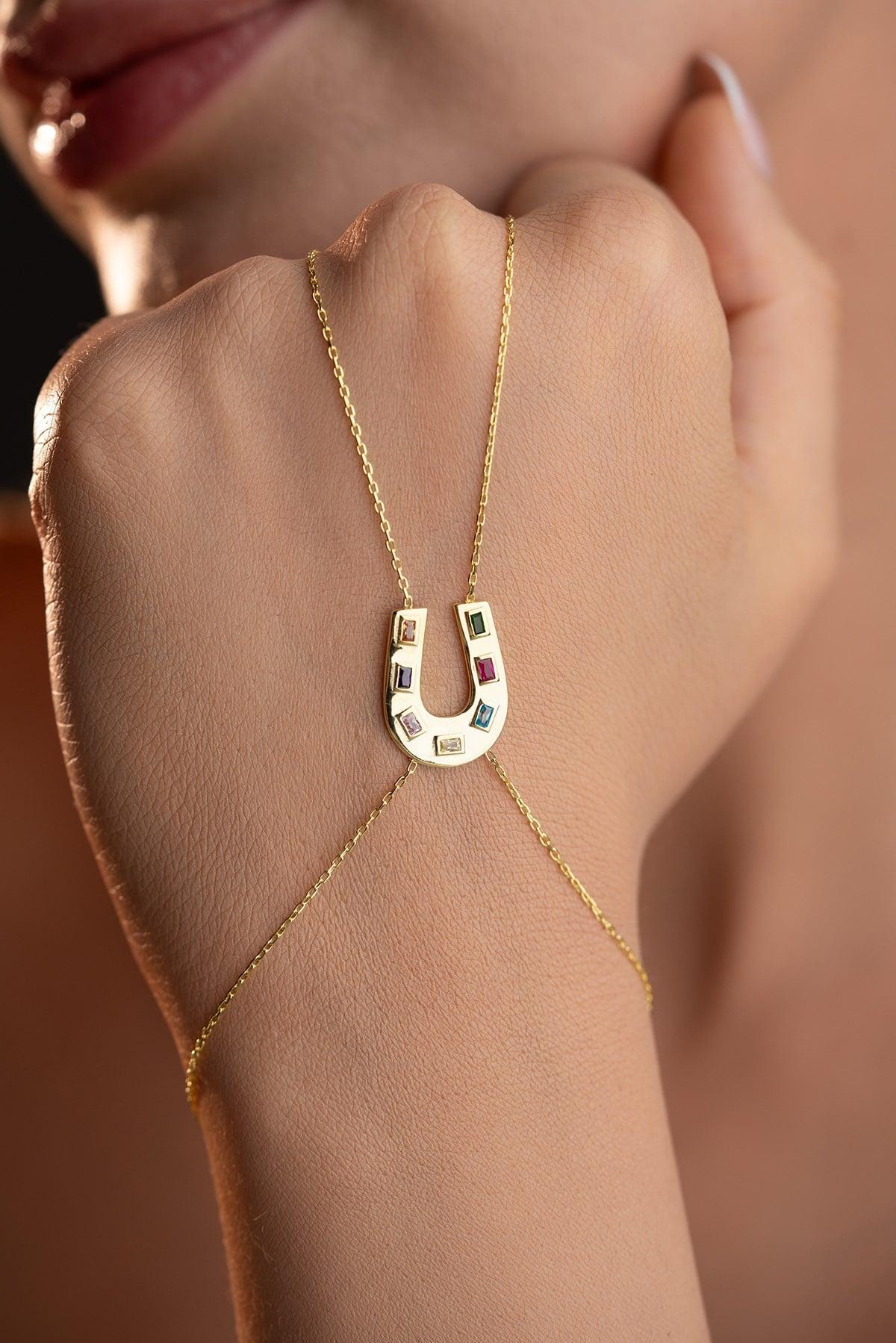 Gold Plated Horseshoe Shahmaran Bracelet | Sterling Silver Zircon Hand Chain
