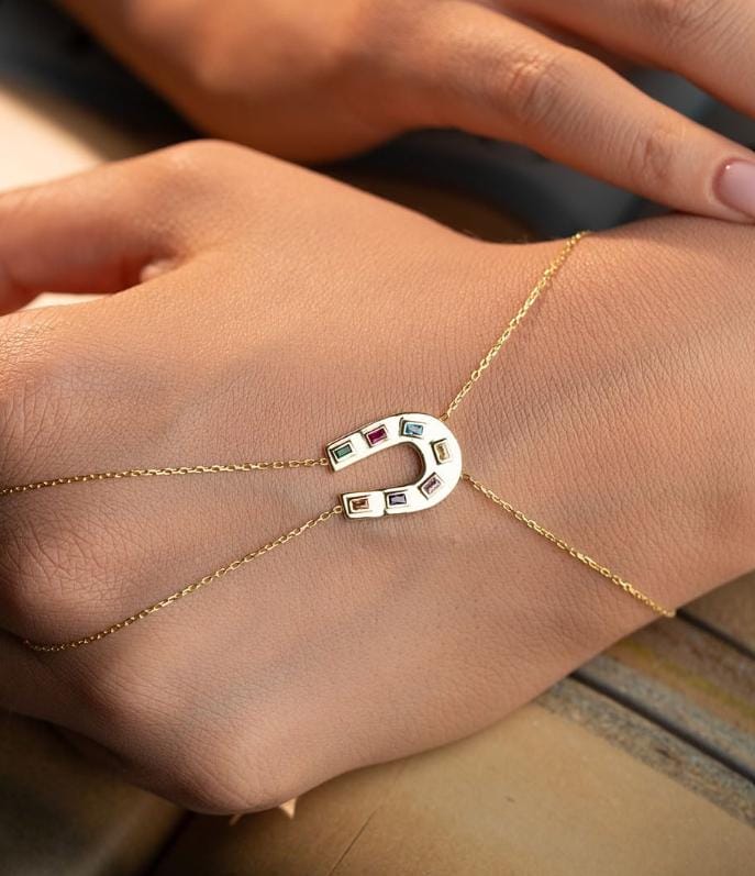 Gold Plated Horseshoe Shahmaran Bracelet | Sterling Silver Zircon Hand Chain