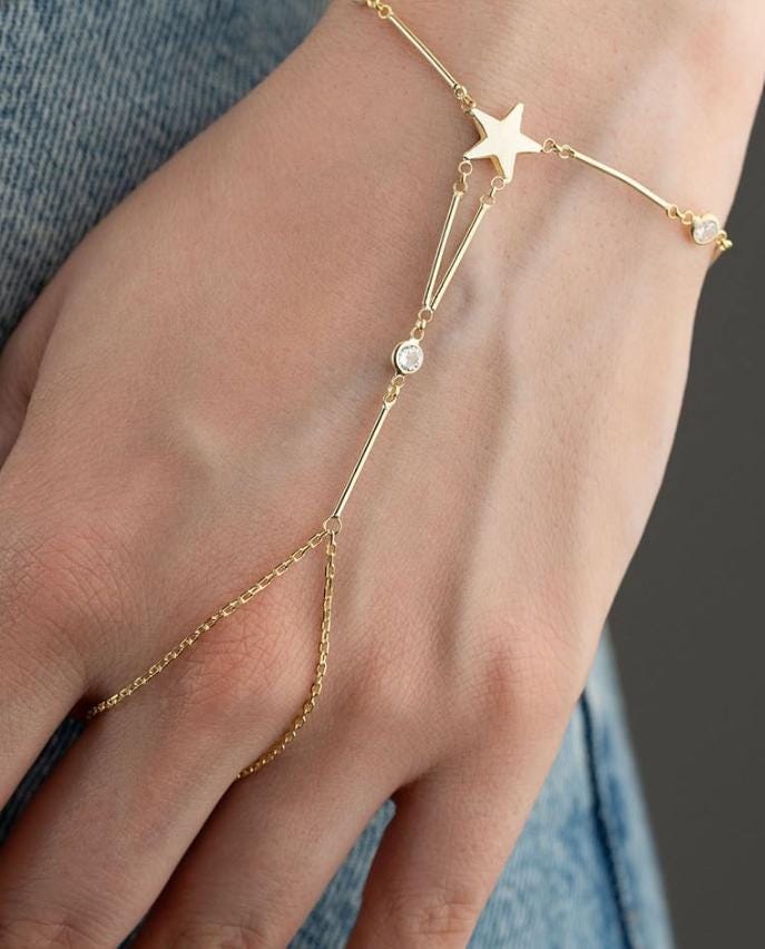Gold Plated Star Shahmaran Bracelet | Sterling Silver Zircon Hand Chain