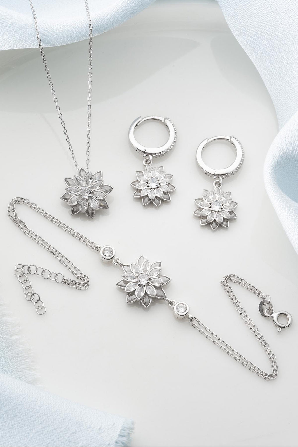 Sterling Silver Lotus Jewelry Set | Lotus Necklace Earrings Bracelet Set