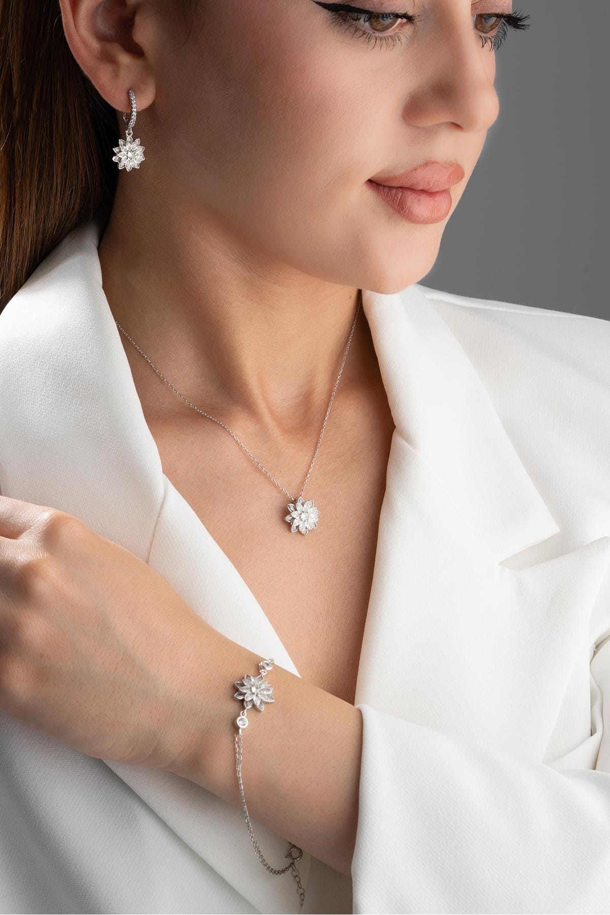 Sterling Silver Lotus Jewelry Set | Lotus Necklace Earrings Bracelet Set