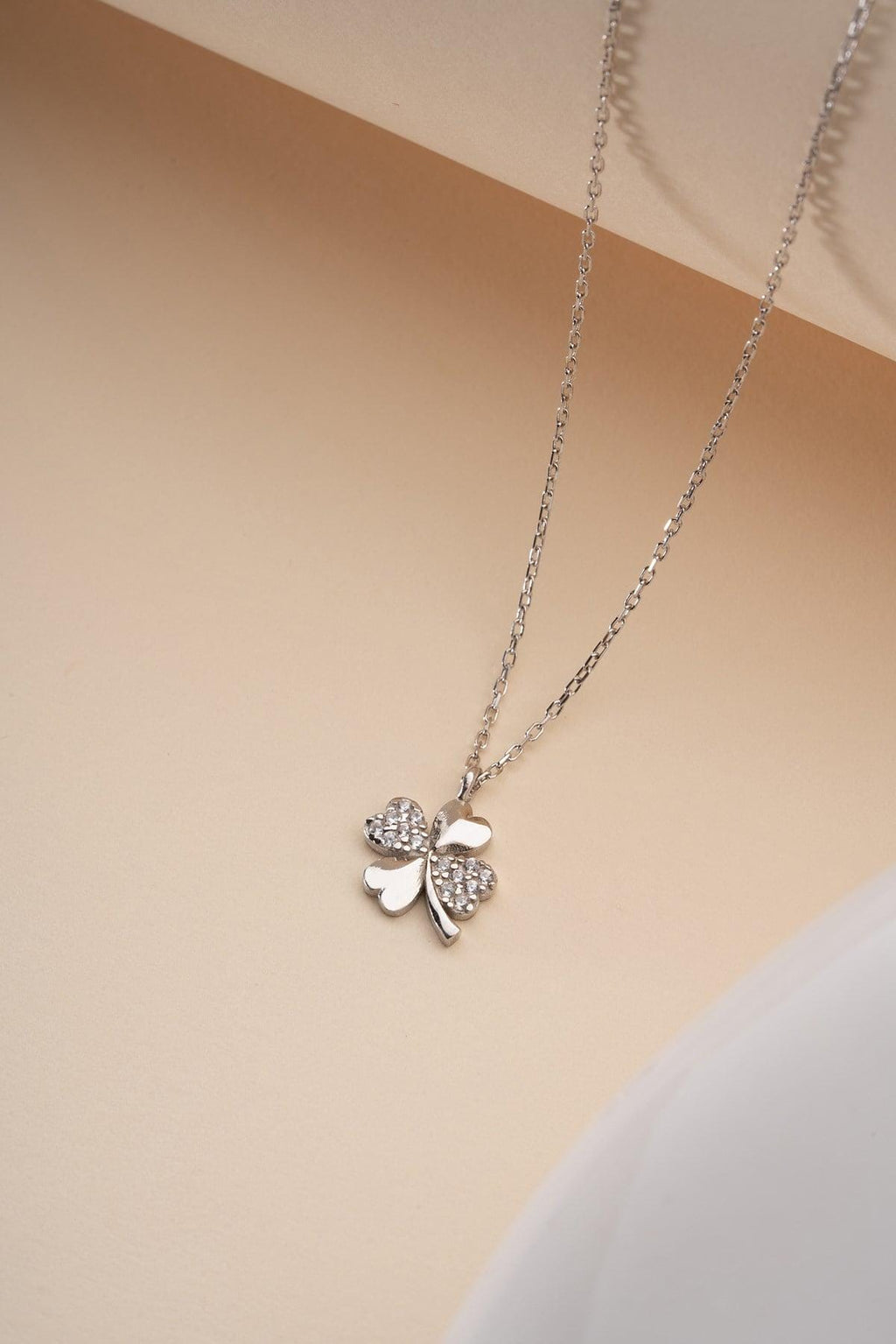 Sterling Silver Clover Necklace | Rhodium Plated Zircon Lucky Charm Necklace