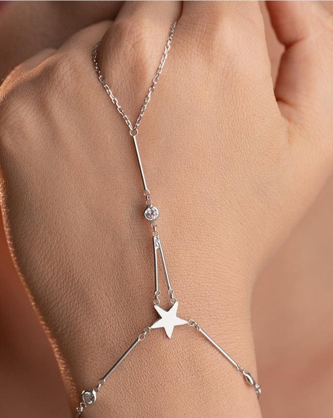 Sterling Silver Star Hand Chain Bracelet | Rhodium Plated Zircon Shahmaran