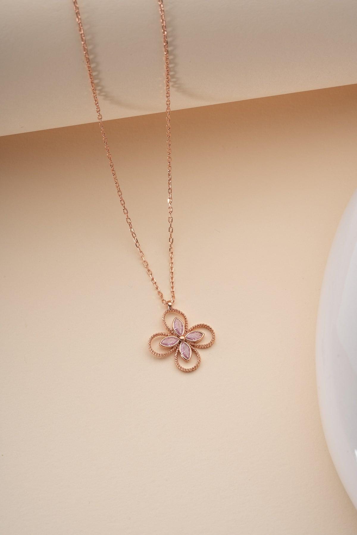 Rose Gold Plated 925 Sterling Silver | Pink Zircon Four Leaf Clover Necklace
