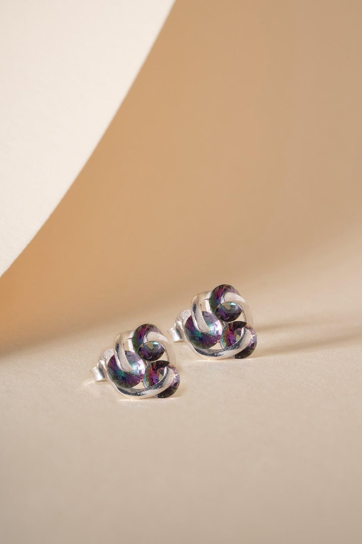 925 Sterling Silver | Mystic Topaz Stud Earrings | Rhodium Plated Tria Earrings