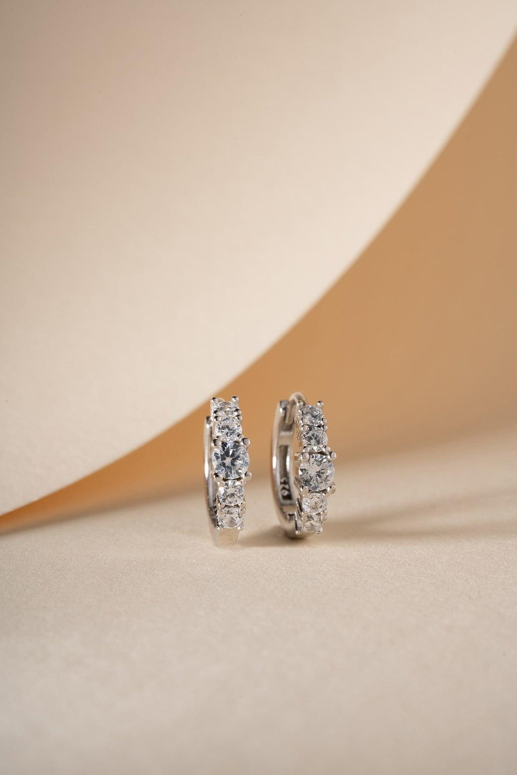 Sterling Silver 5 Stone Hoop Earrings, Rhodium Plated Zircon Huggie Earrings, Gift for Her