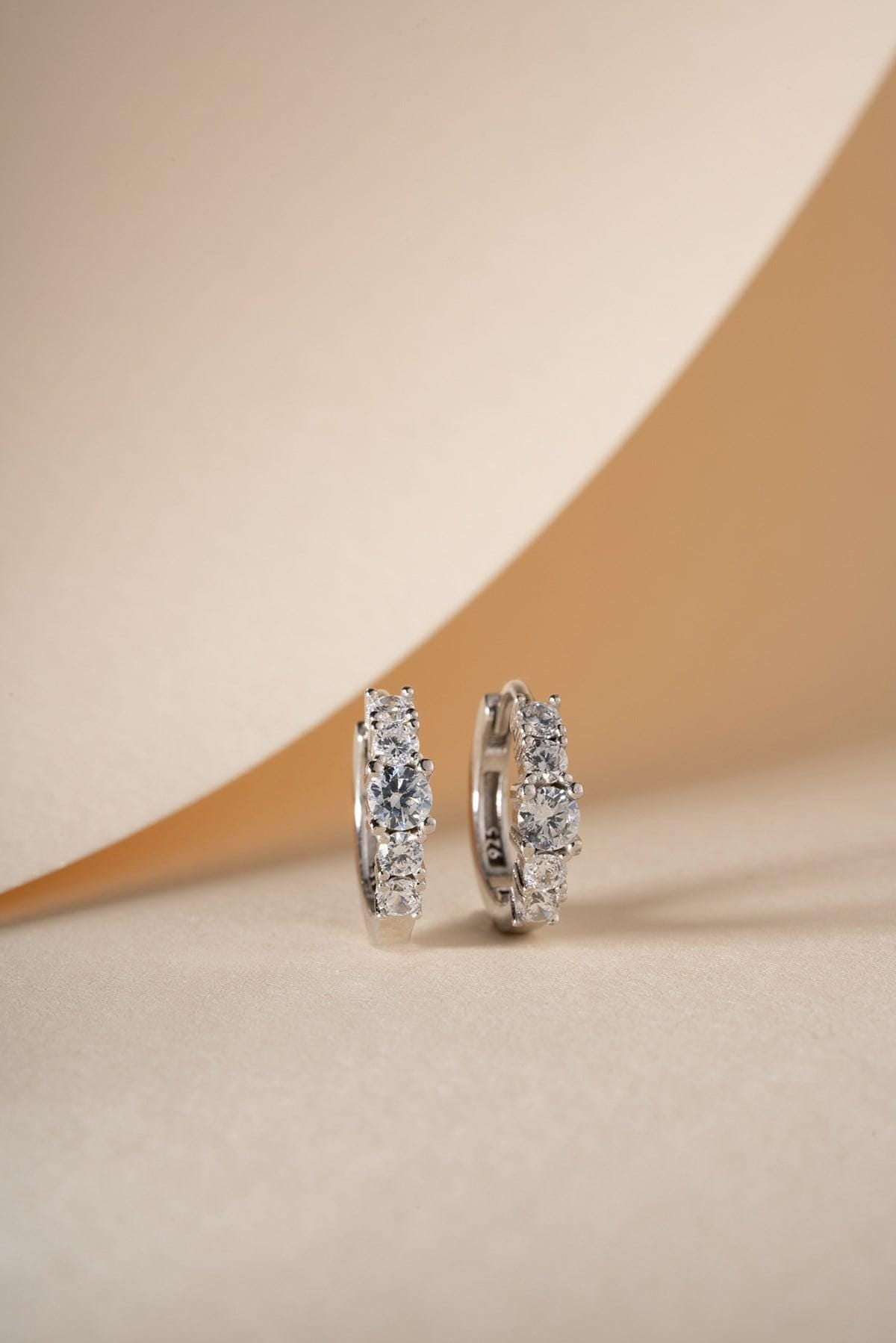 Sterling Silver 5 Stone Hoop Earrings, Rhodium Plated Zircon Huggie Earrings, Gift for Her