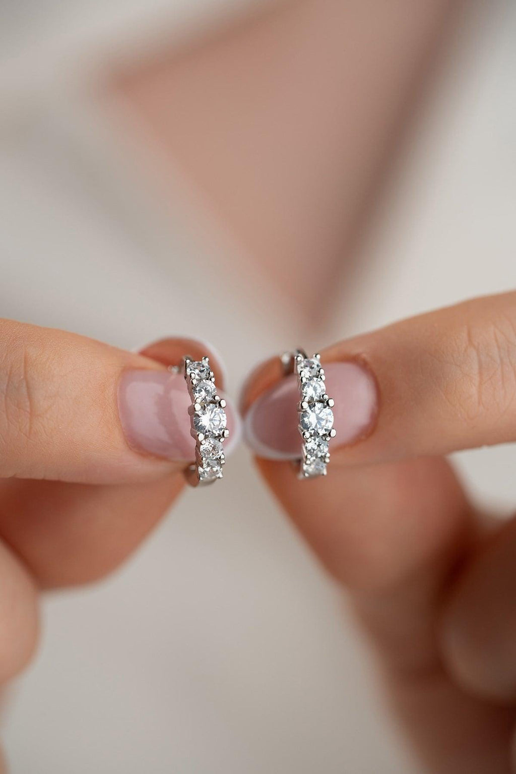 Sterling Silver 5 Stone Hoop Earrings, Rhodium Plated Zircon Huggie Earrings, Gift for Her