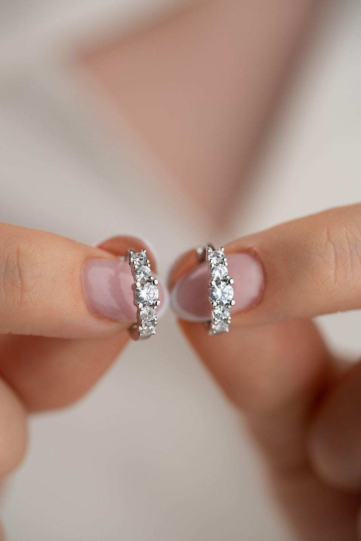 Sterling Silver 5 Stone Hoop Earrings, Rhodium Plated Zircon Huggie Earrings, Gift for Her