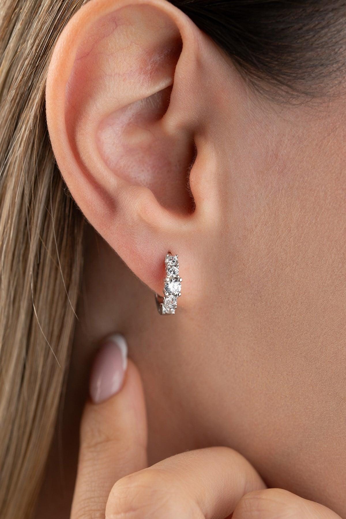 Sterling Silver 5 Stone Hoop Earrings, Rhodium Plated Zircon Huggie Earrings, Gift for Her