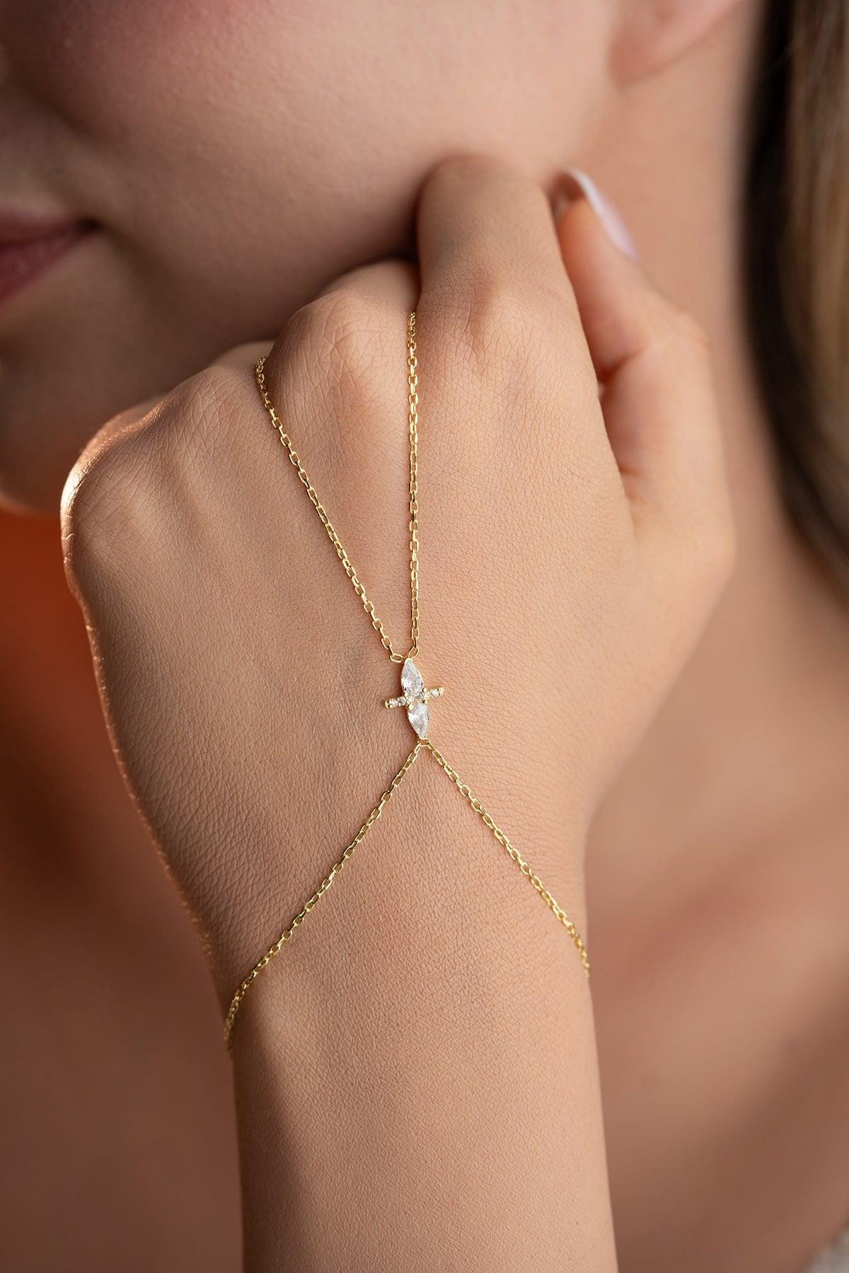 Gold Plated 925 Sterling Silver, Double Teardrop Hand Chain Bracelet, Zircon Jewelry