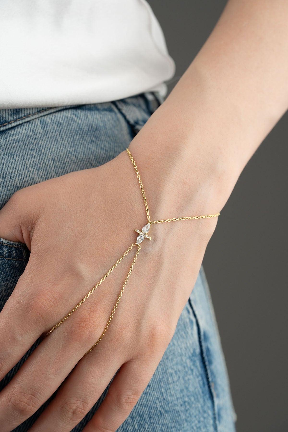 Gold Plated 925 Sterling Silver, Double Teardrop Hand Chain Bracelet, Zircon Jewelry