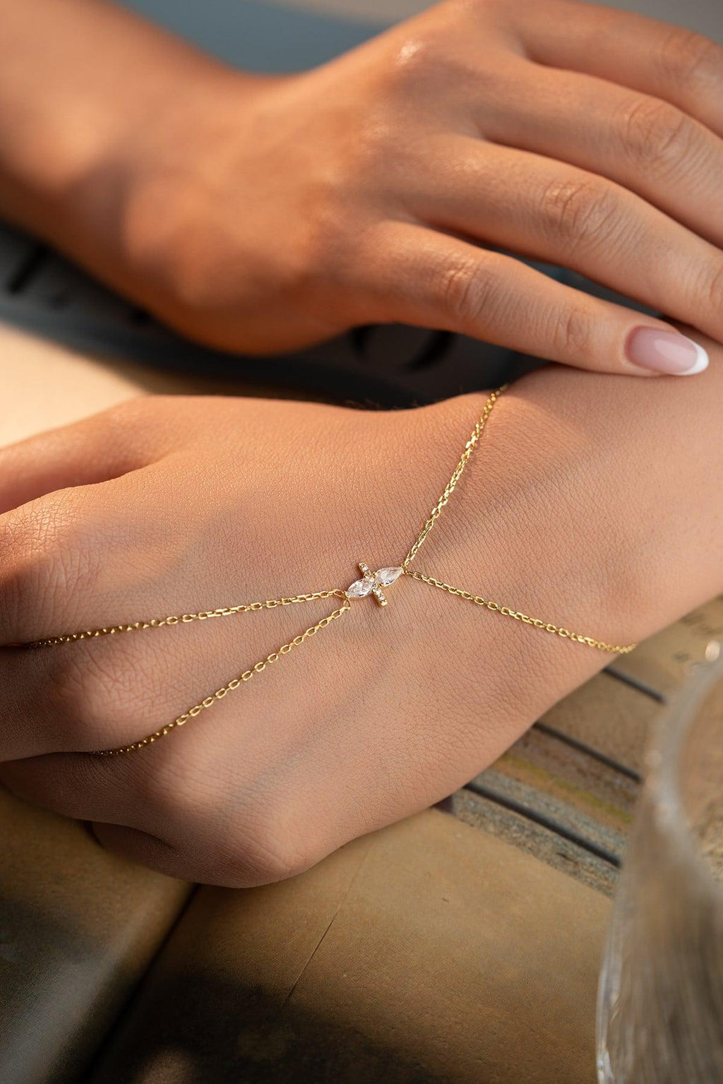 Gold Plated 925 Sterling Silver, Double Teardrop Hand Chain Bracelet, Zircon Jewelry