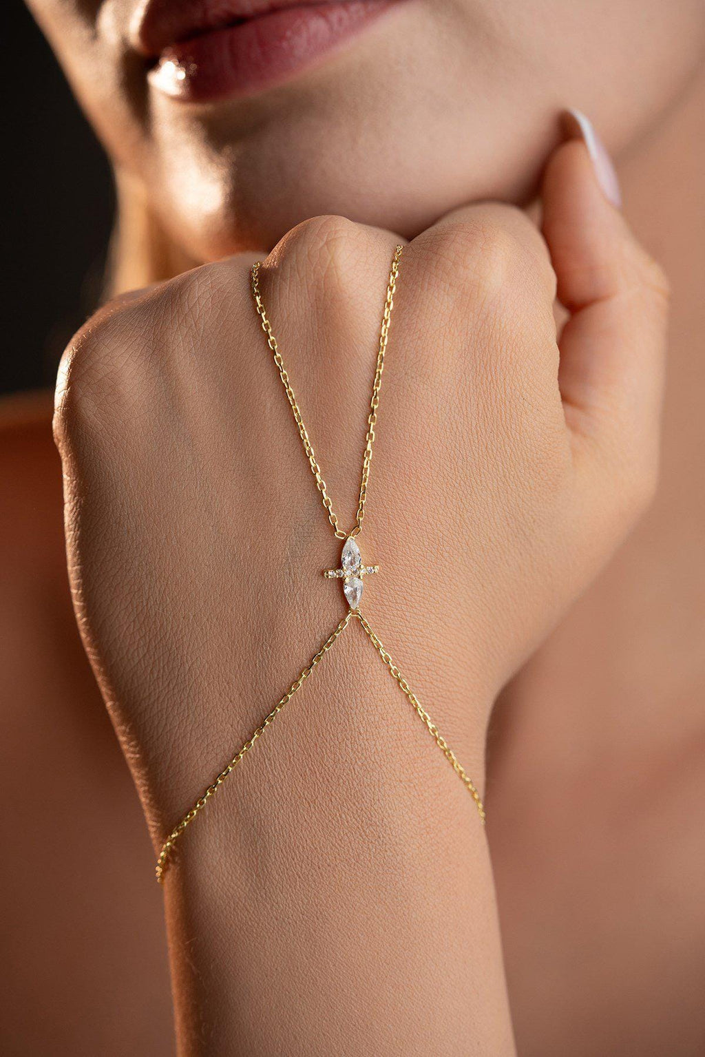 Gold Plated 925 Sterling Silver, Double Teardrop Hand Chain Bracelet, Zircon Jewelry