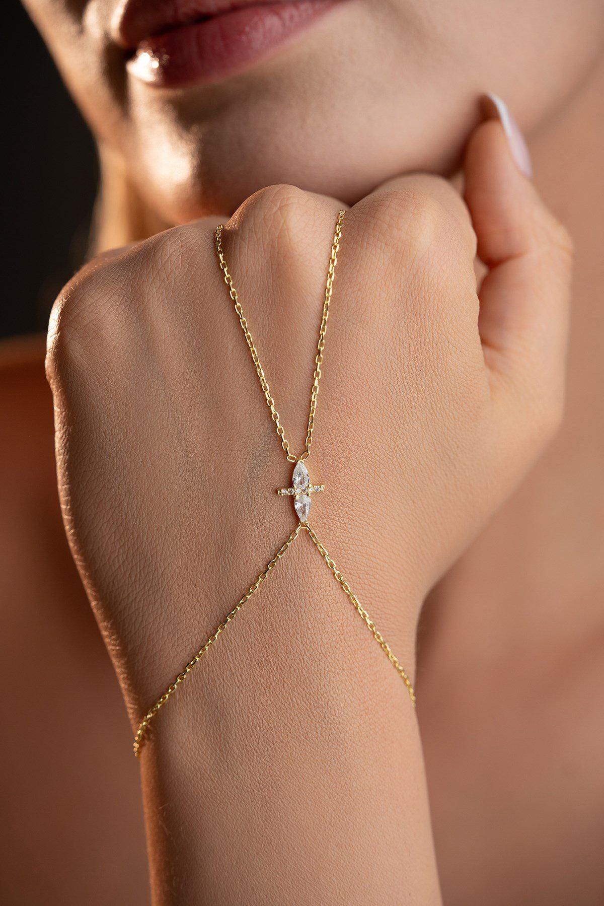 Gold Plated 925 Sterling Silver, Double Teardrop Hand Chain Bracelet, Zircon Jewelry