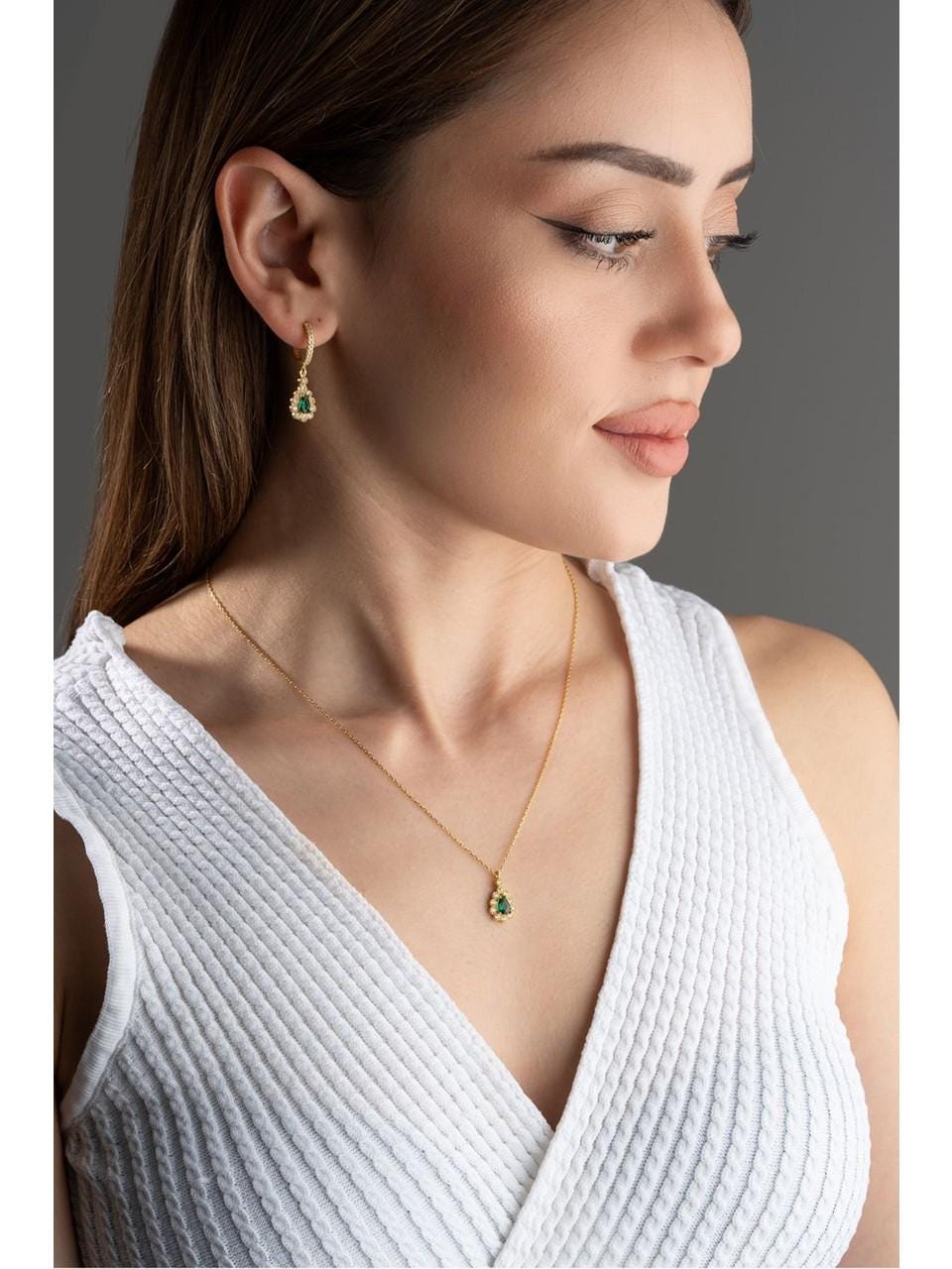 Emerald Drop Jewelry Set | 925 Sterling Silver Necklace Earrings Set