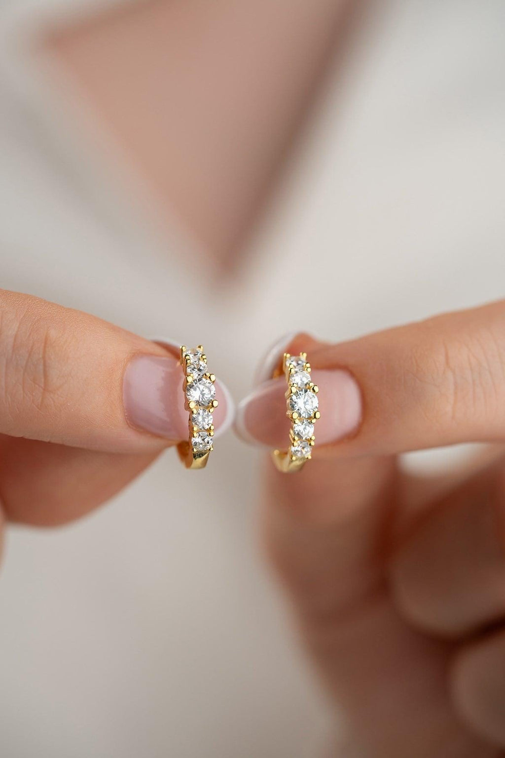 Gold Plated 925 Sterling Silver, Five Stone Hoop Earrings, Zircon Huggie Jewelry
