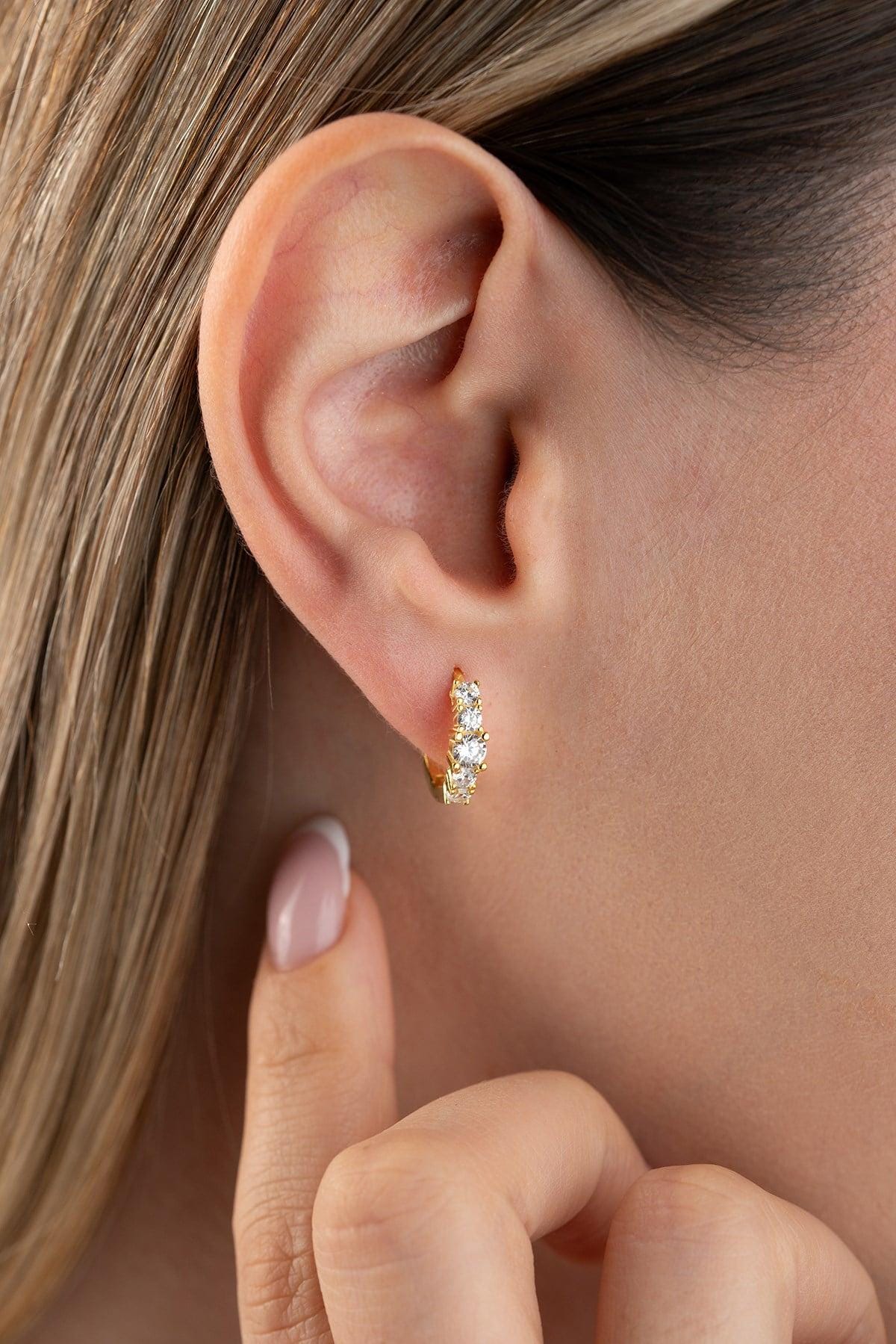Gold Plated 925 Sterling Silver, Five Stone Hoop Earrings, Zircon Huggie Jewelry