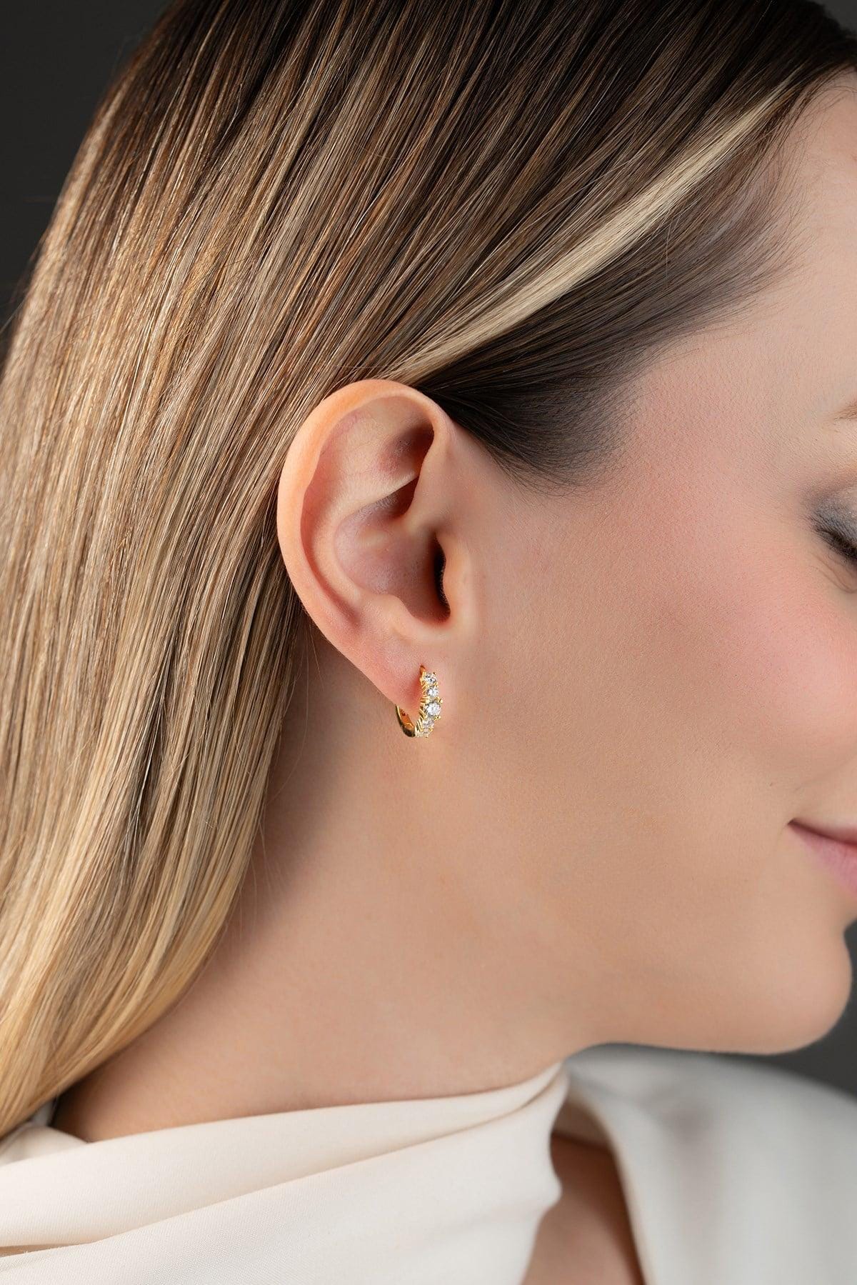 Gold Plated 925 Sterling Silver, Five Stone Hoop Earrings, Zircon Huggie Jewelry