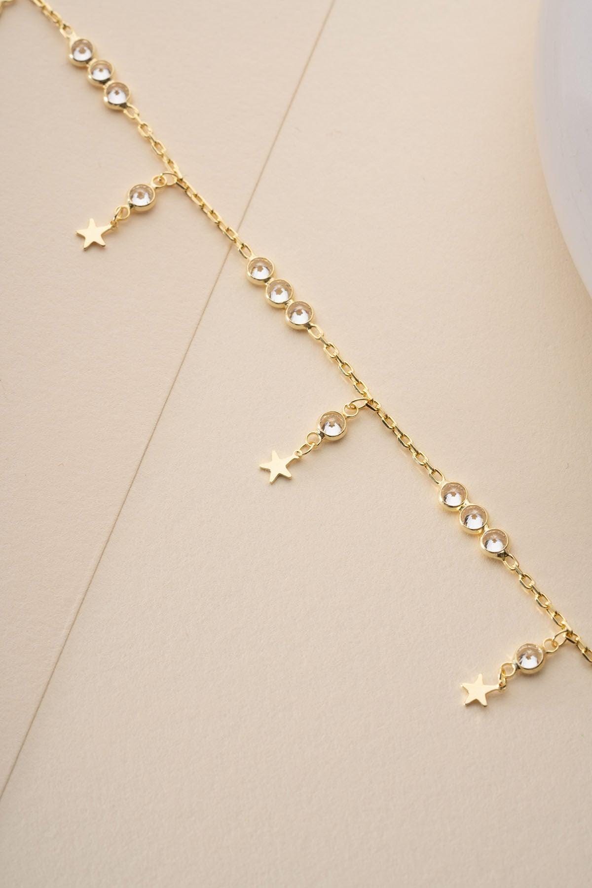 14K Gold Plated 925 Sterling Silver, Star Anklet, Zircon Dangle Jewelry