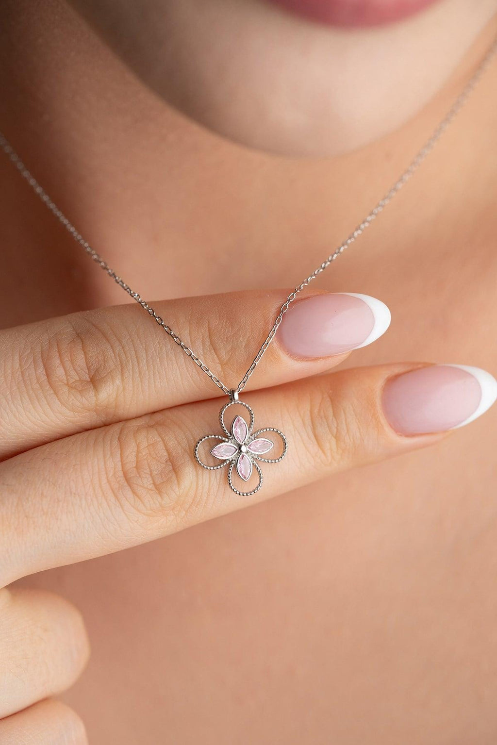 925 Sterling Silver, Pink Clover Necklace, Four Leaf Zircon Jewelry