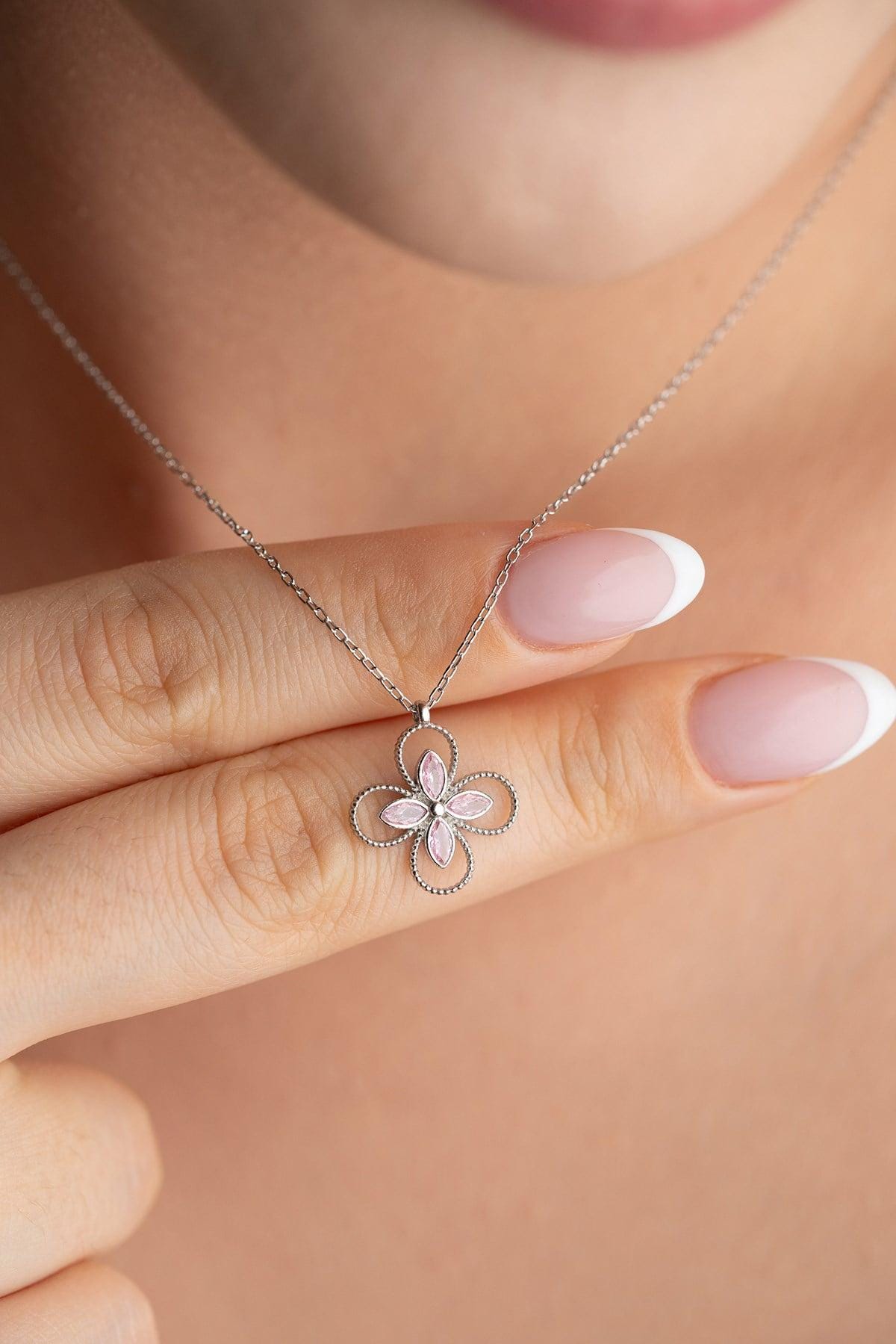 925 Sterling Silver, Pink Clover Necklace, Four Leaf Zircon Jewelry