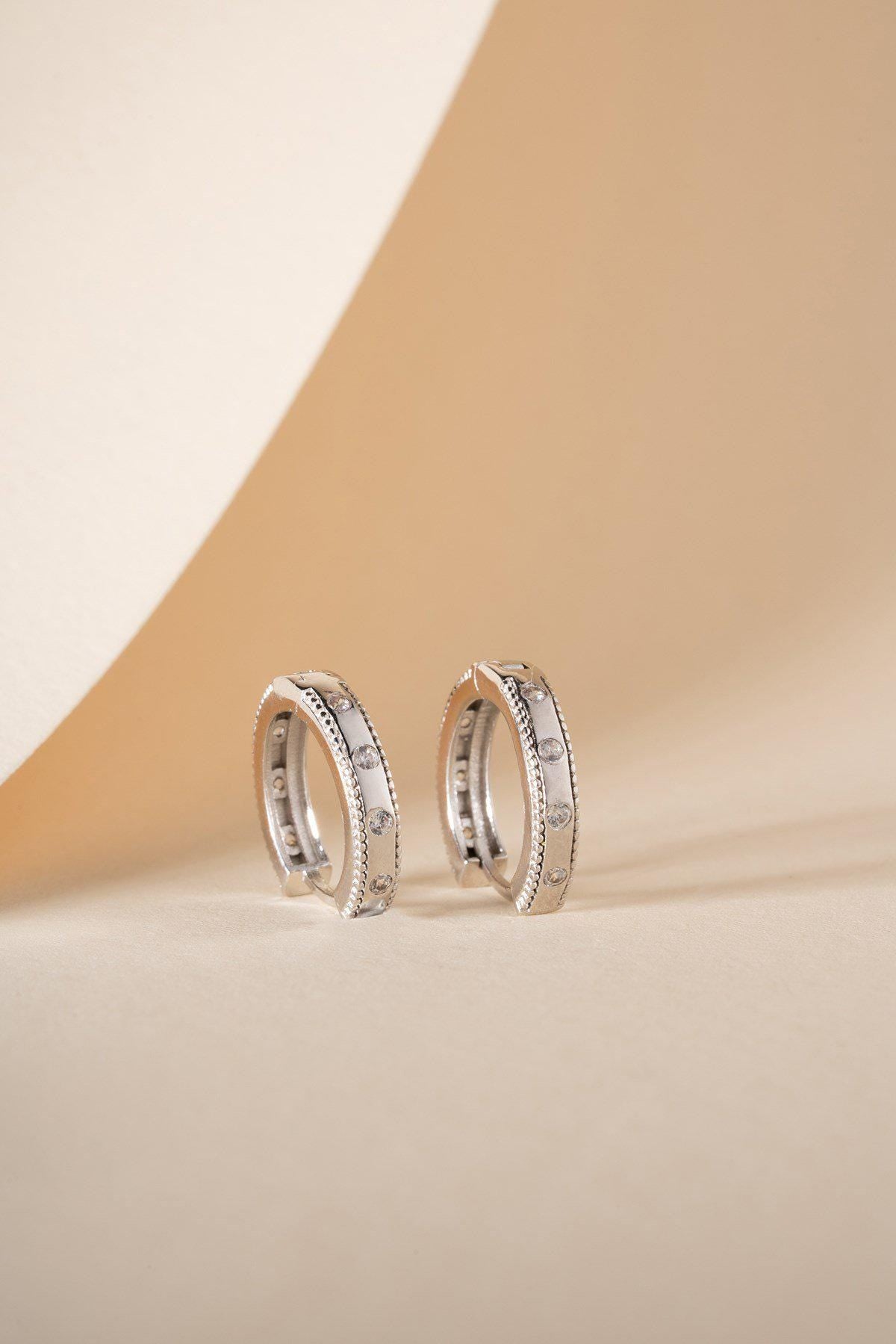 925 Sterling Silver, Zircon Hoop Earrings, Rhodium Plated Huggie Jewelry