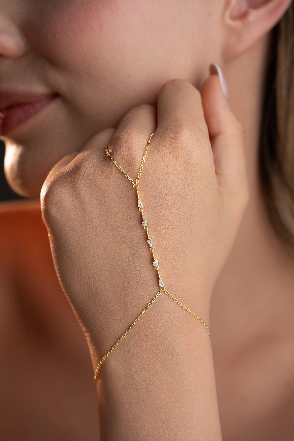925 Sterling Silver, Baguette Hand Chain, Gold Plated Zircon Bracelet