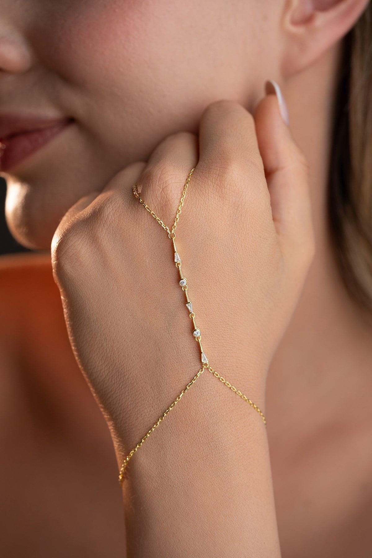 925 Sterling Silver, Baguette Hand Chain, Gold Plated Zircon Bracelet