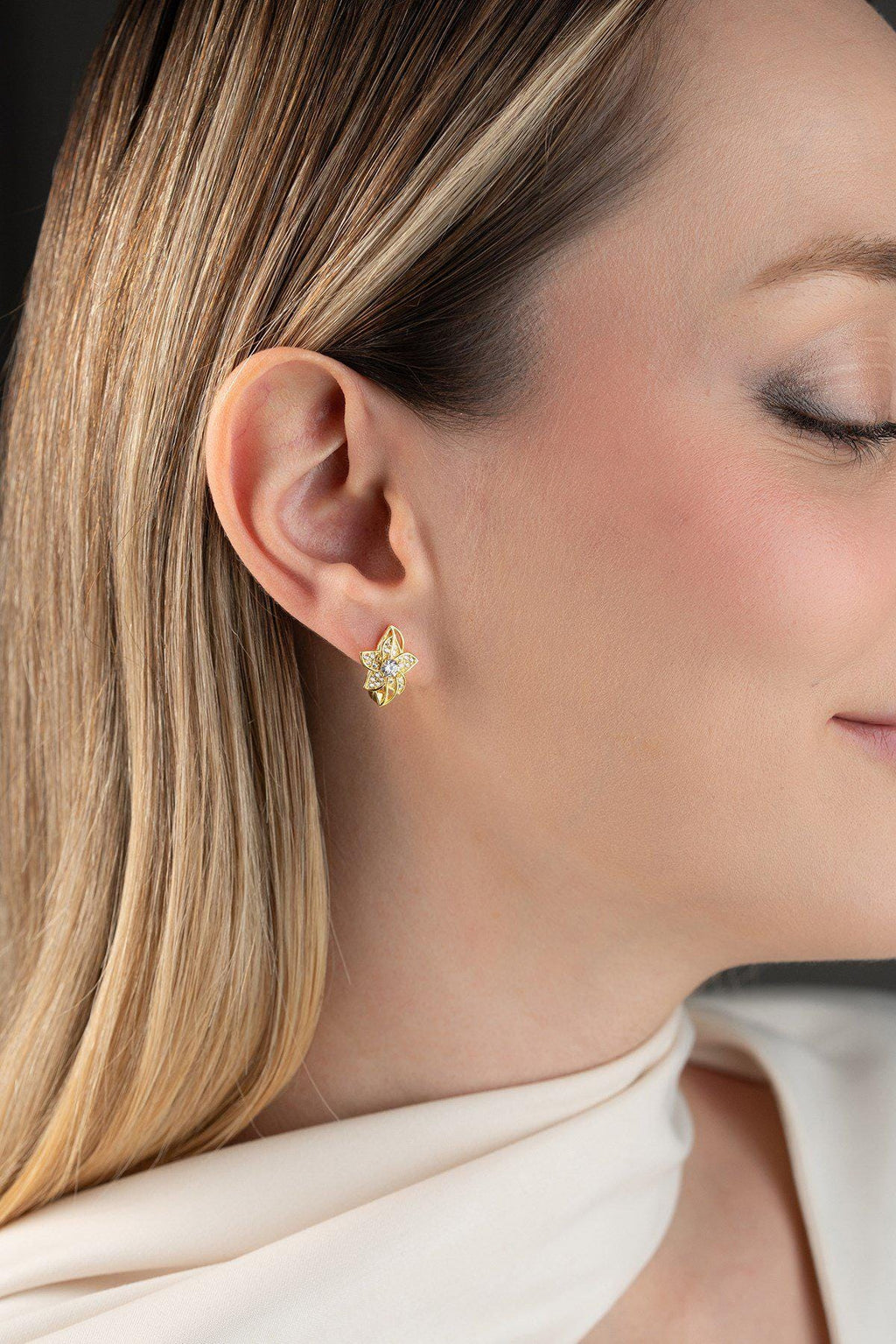 925 Sterling Silver, Lily Flower Earrings, Zircon Floral Jewelry