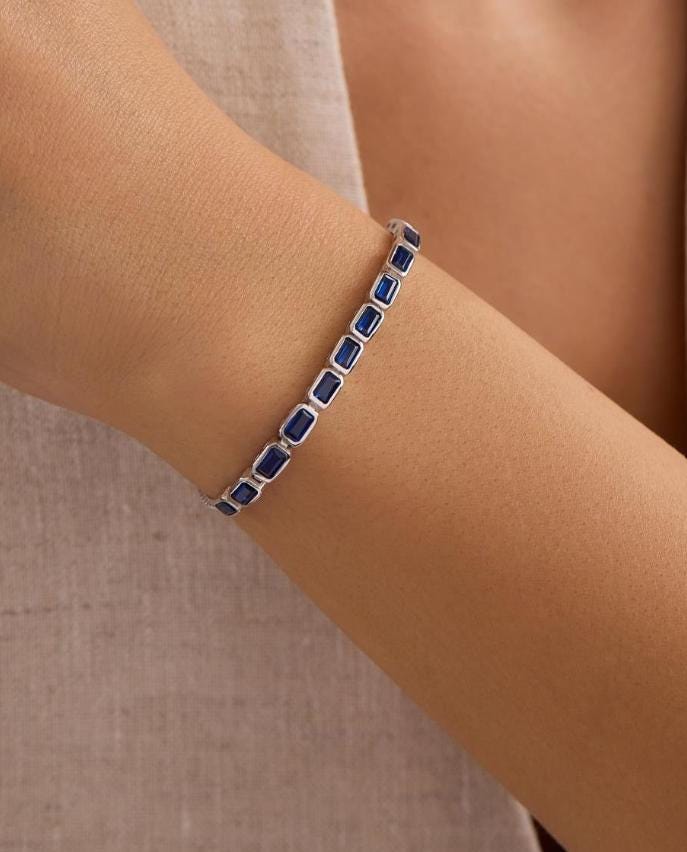 Rhodium Blue Baguette Bracelet | Sterling Silver Adjustable Zircon Jewelry