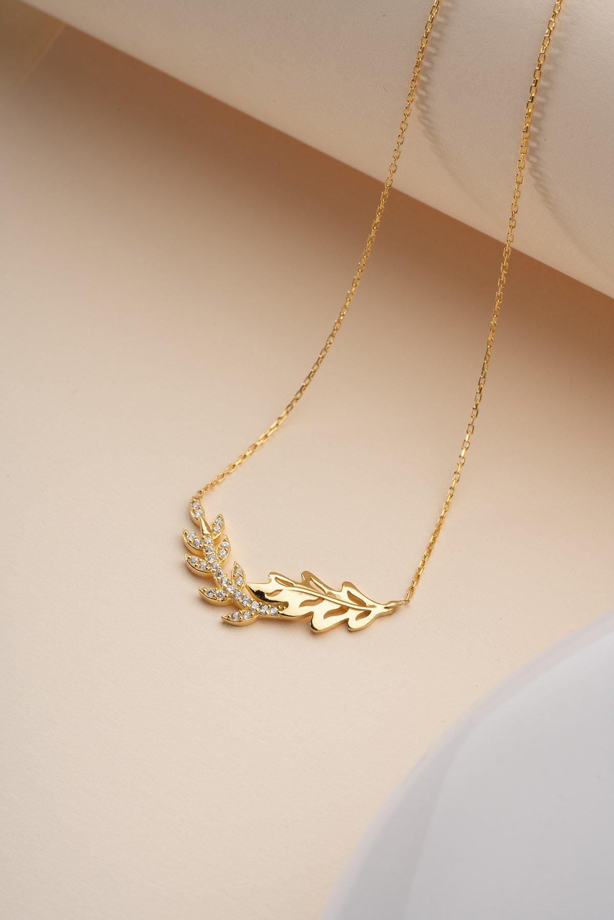 925 Sterling Silver, Olive Branch Necklace, Gold or Rhodium Plated Zircon