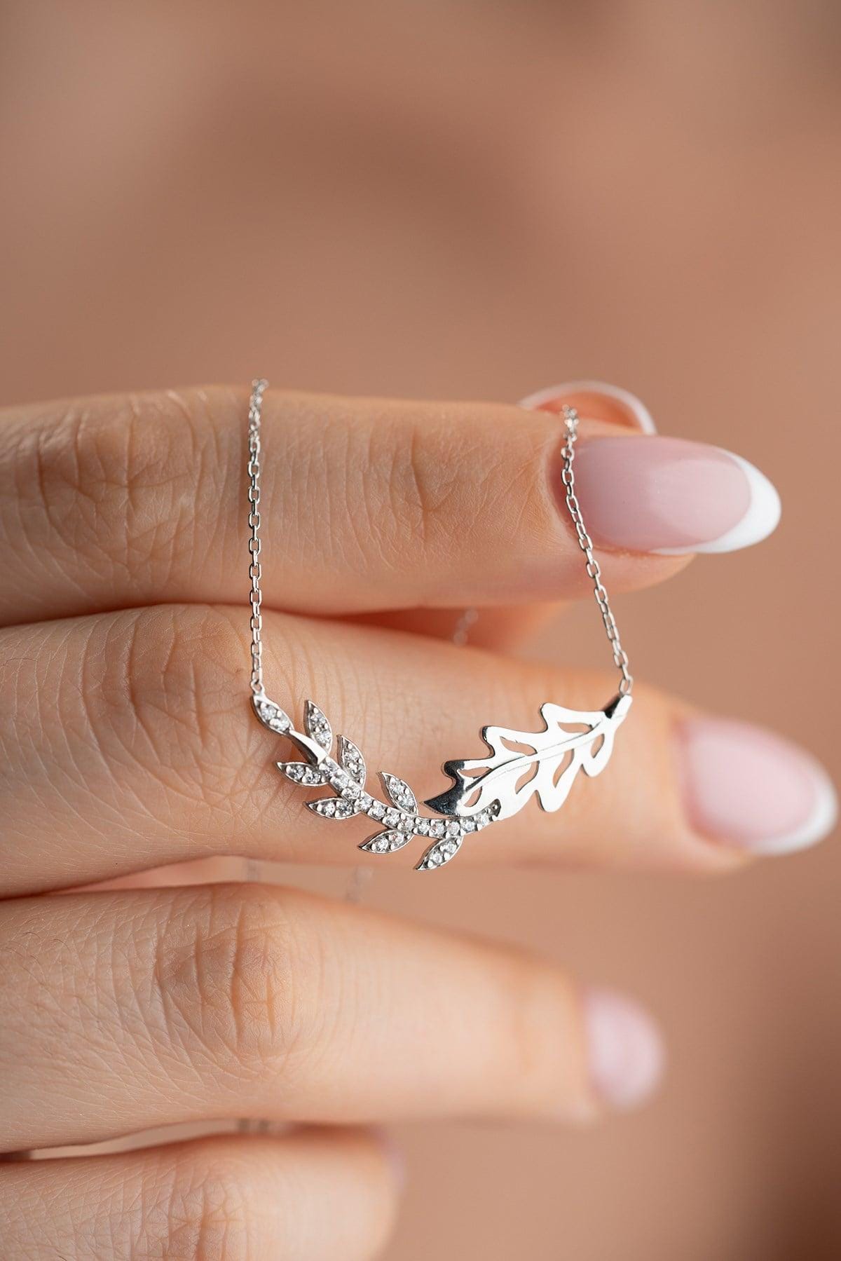 925 Sterling Silver, Olive Branch Necklace, Gold or Rhodium Plated Zircon