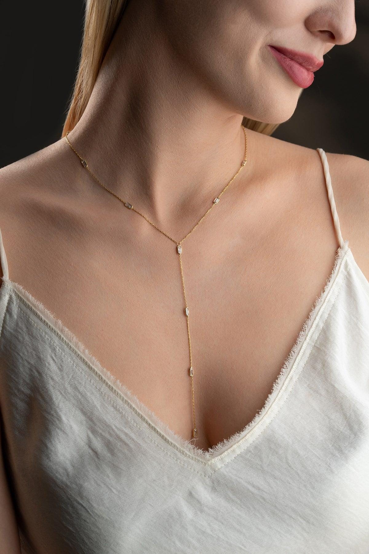 White Baguette Necklace, 925 Sterling Silver Pendant, Gold Plated Zircon Jewelry, Gift for Her