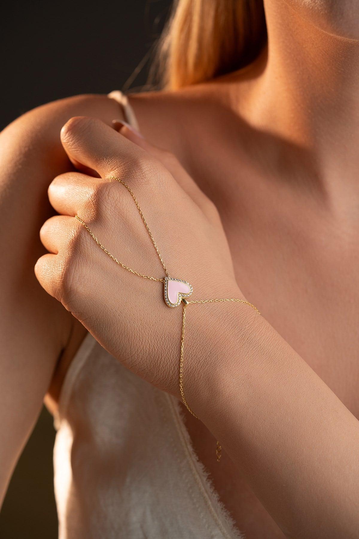 Gold Plated Pink Heart Shahmaran Bracelet | Sterling Silver Zircon Hand Chain