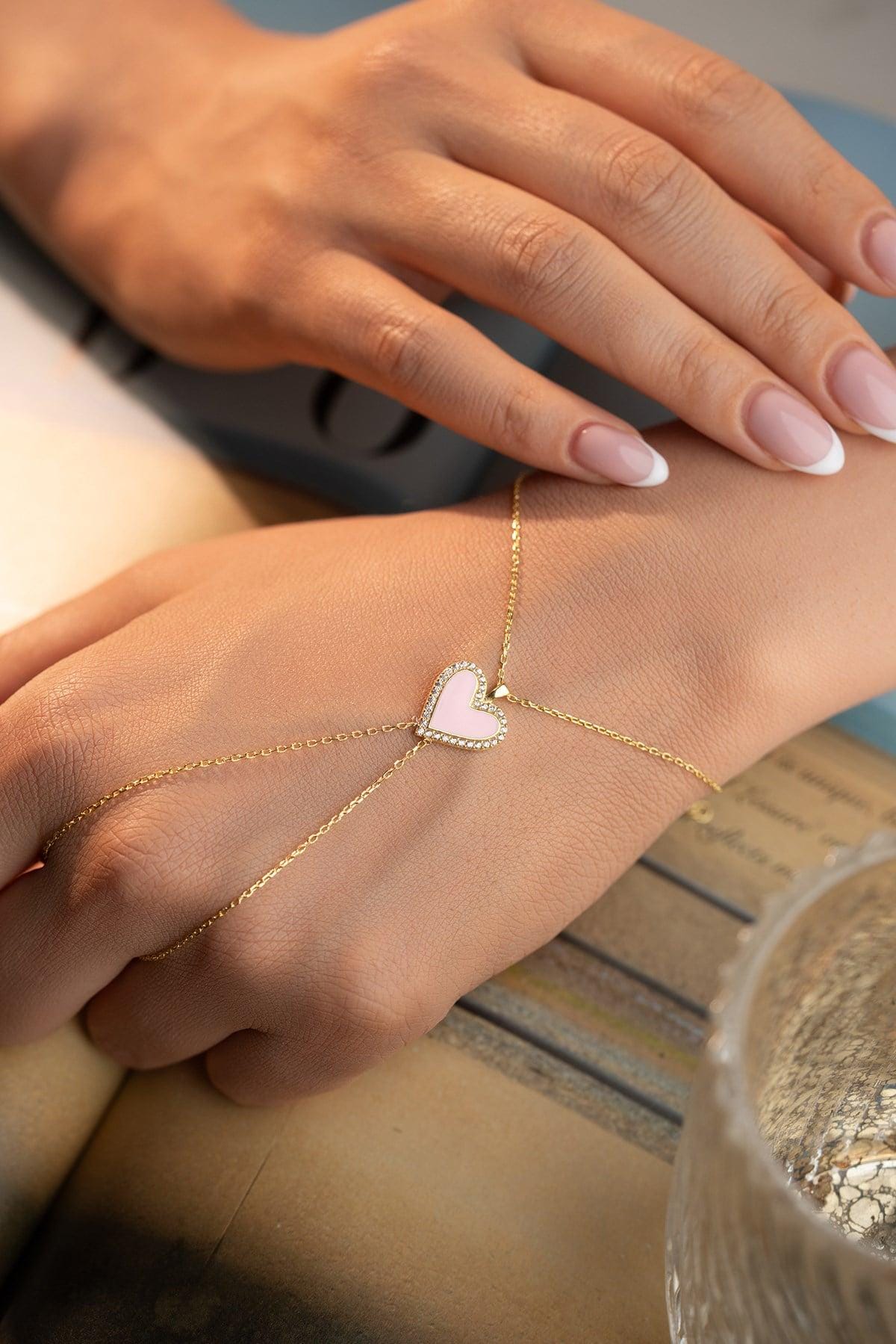 Gold Plated Pink Heart Shahmaran Bracelet | Sterling Silver Zircon Hand Chain