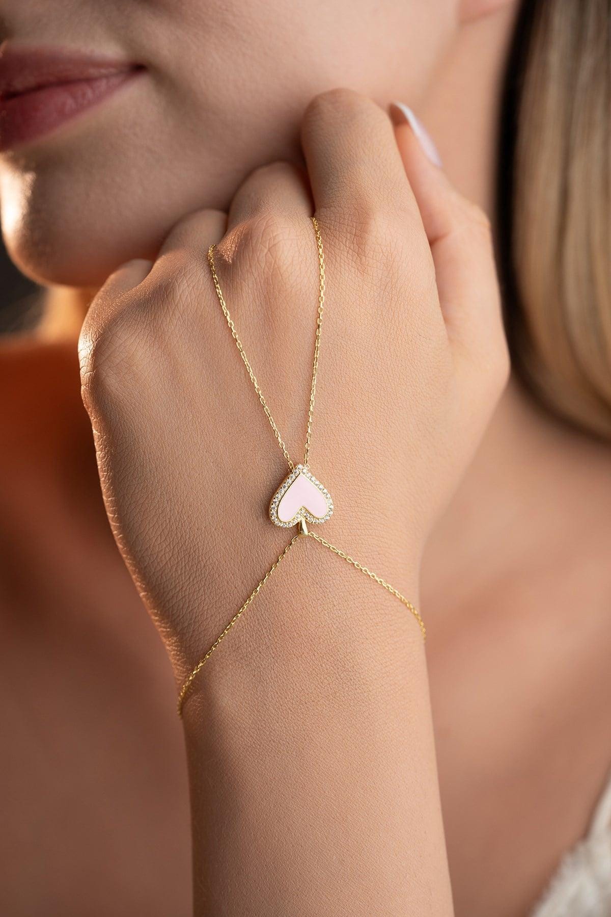 Gold Plated Pink Heart Shahmaran Bracelet | Sterling Silver Zircon Hand Chain