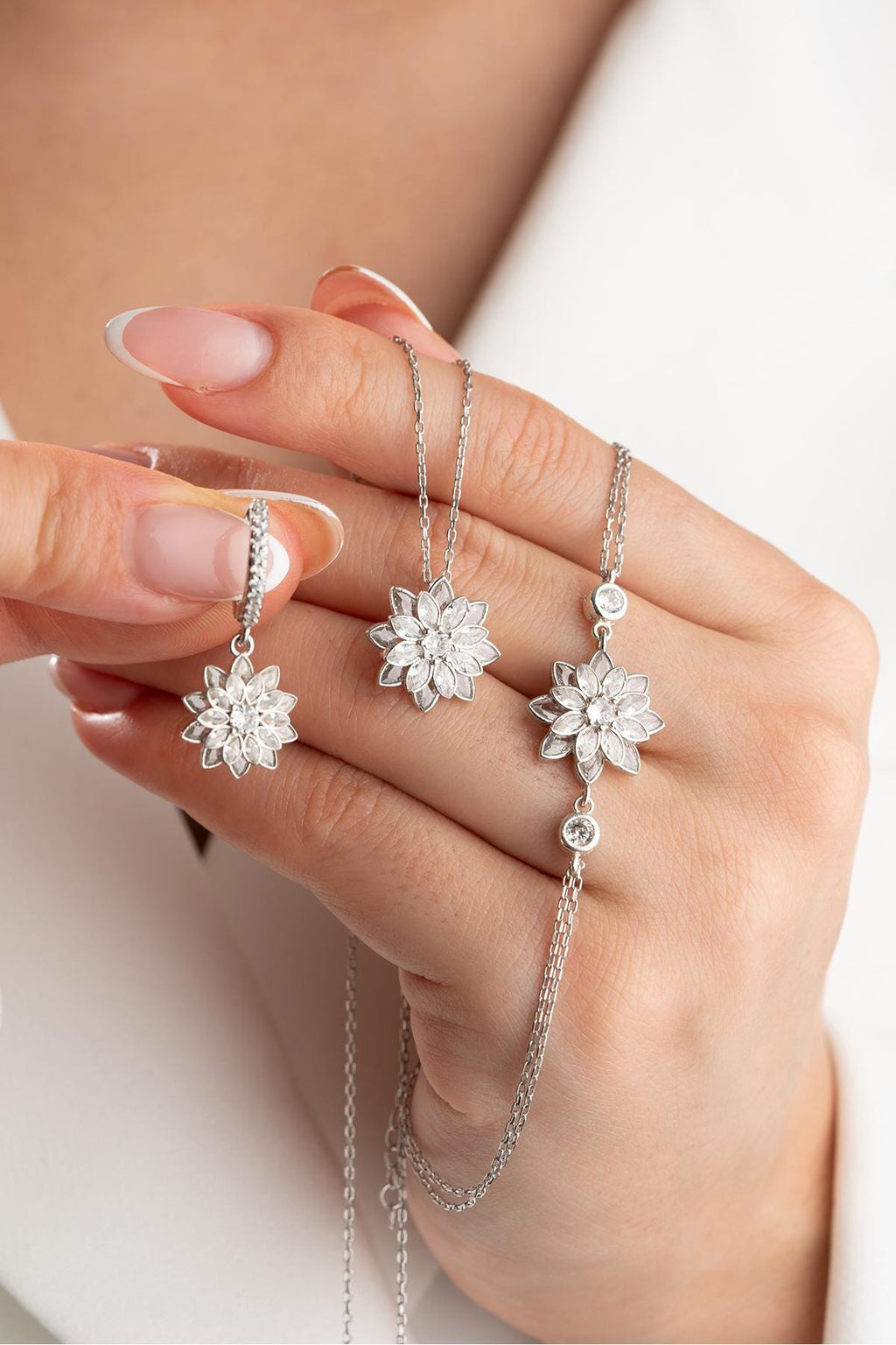 Sterling Silver Lotus Jewelry Set | Lotus Necklace Earrings Bracelet Set