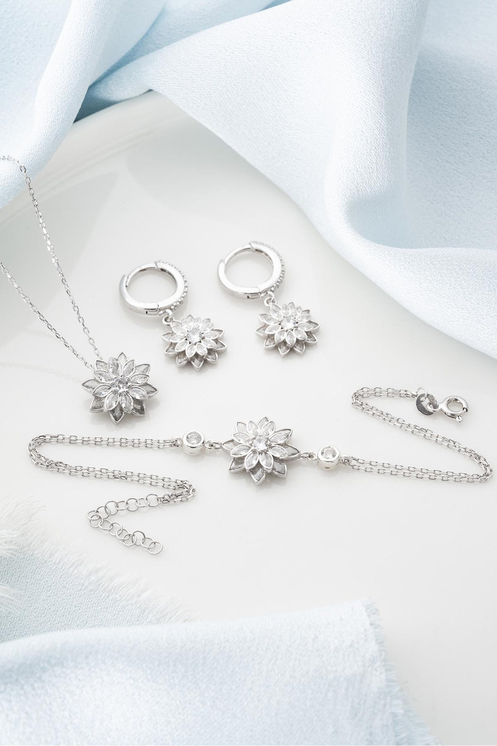 Sterling Silver Lotus Jewelry Set | Lotus Necklace Earrings Bracelet Set