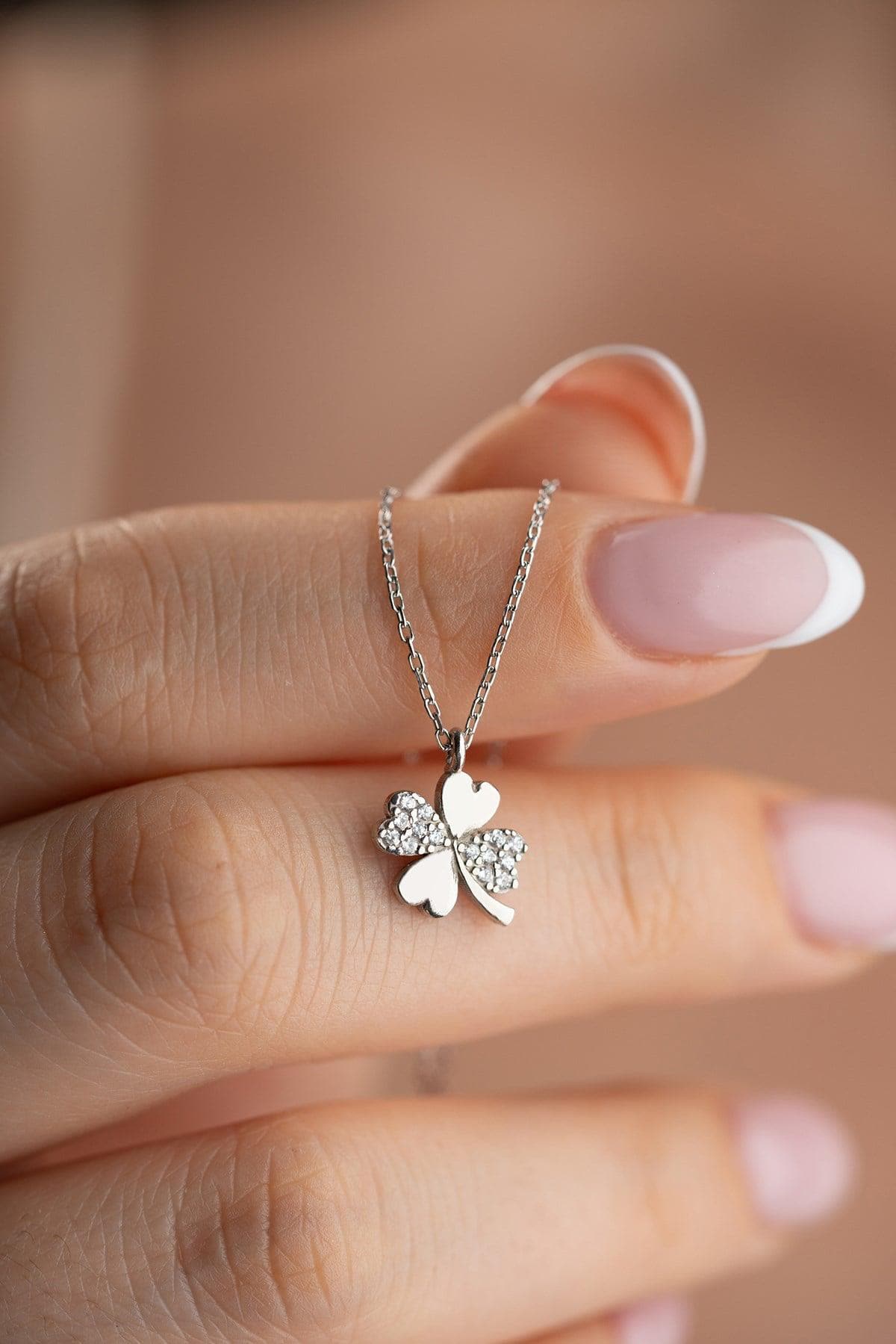 Sterling Silver Clover Necklace | Rhodium Plated Zircon Lucky Charm Necklace