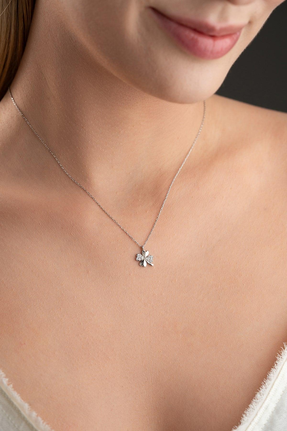 Sterling Silver Clover Necklace | Rhodium Plated Zircon Lucky Charm Necklace