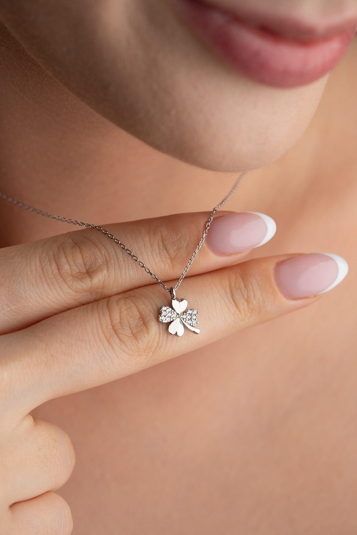 Sterling Silver Clover Necklace | Rhodium Plated Zircon Lucky Charm Necklace