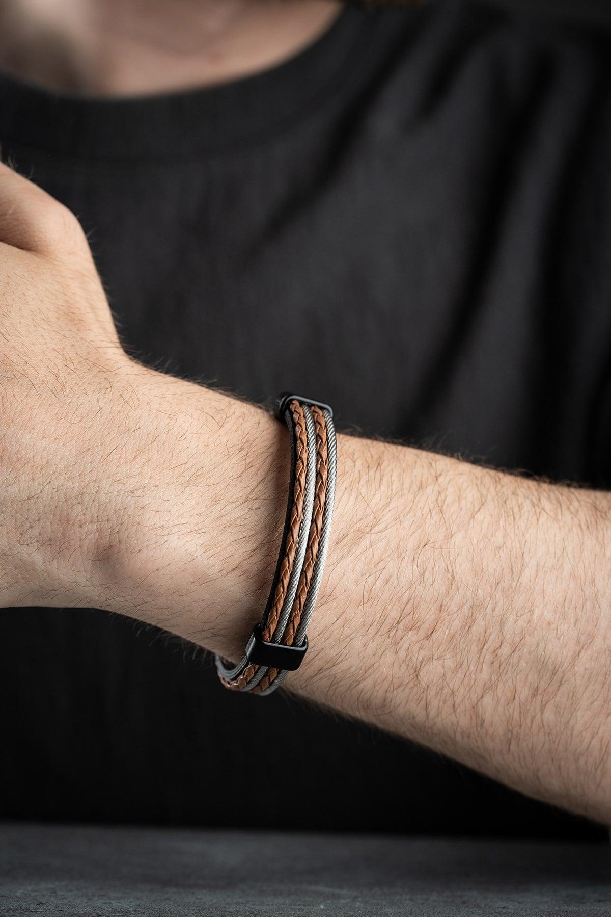 Men's Leather Bracelet, Stainless Steel Jewelry, Brown Braided Bracelet, Gift for Him