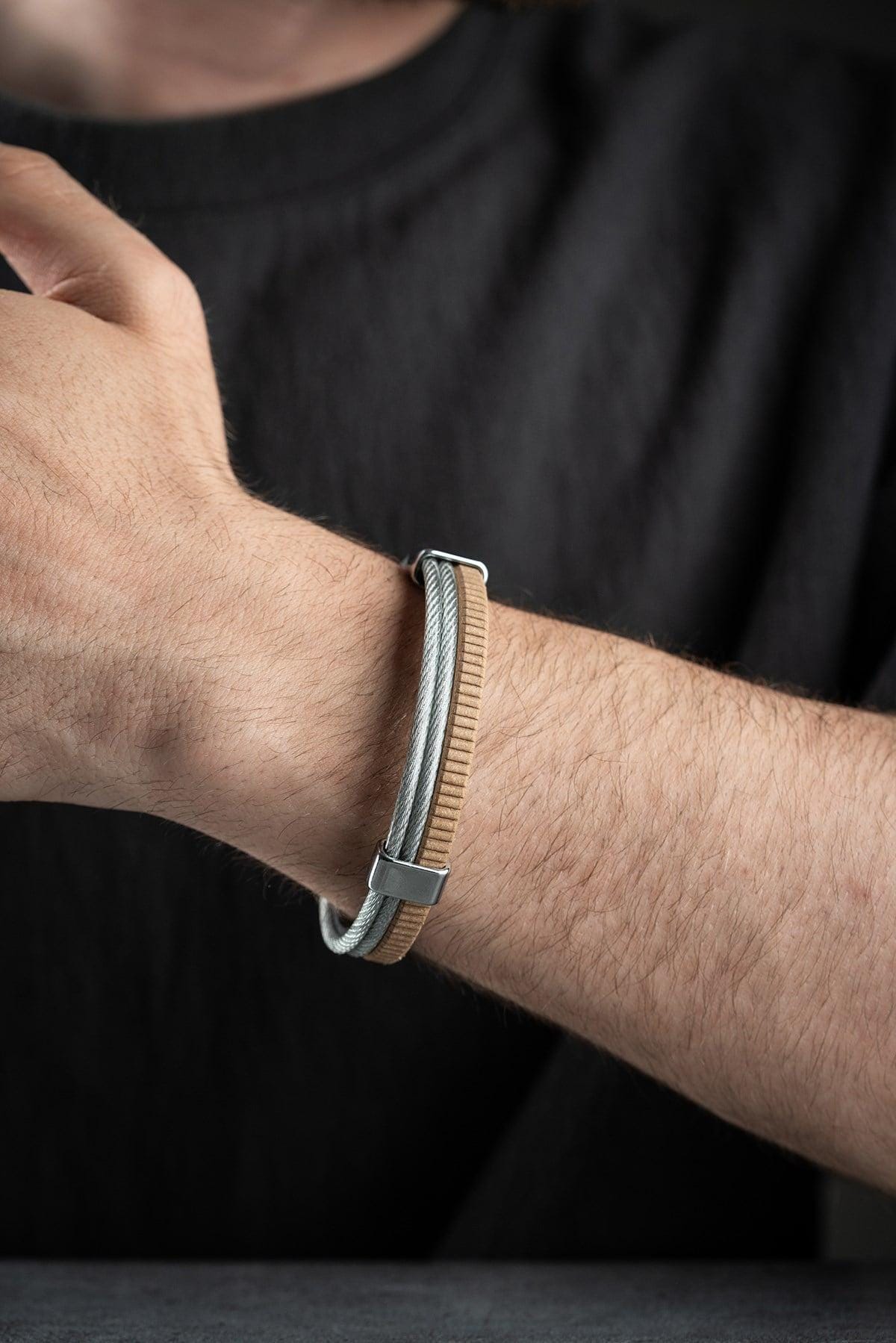 Men's Double Row Bracelet, Stainless Steel Jewelry, Brown Leather Bracelet, Gift for Him