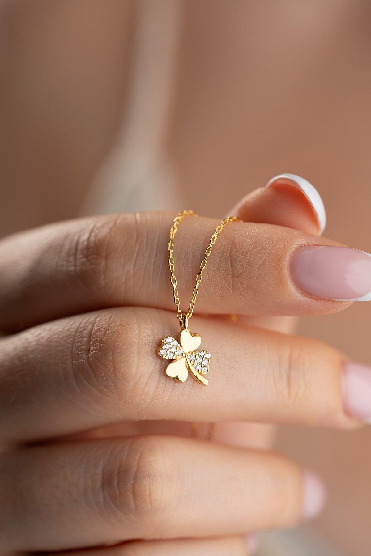 Gold Plated Clover Necklace | Sterling Silver Zircon Lucky Charm Necklace