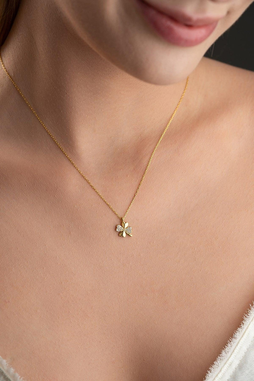 Gold Plated Clover Necklace | Sterling Silver Zircon Lucky Charm Necklace