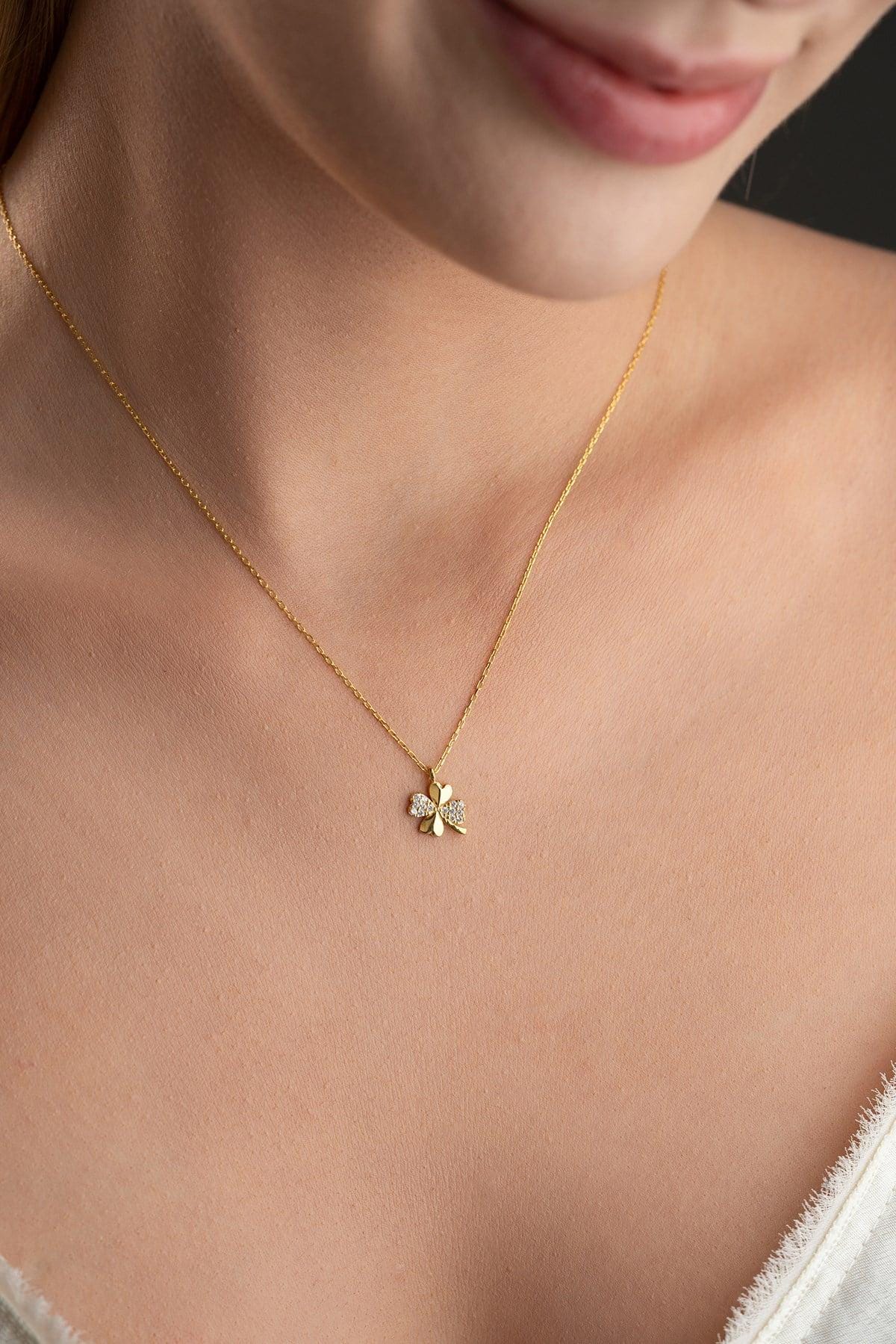 Gold Plated Clover Necklace | Sterling Silver Zircon Lucky Charm Necklace